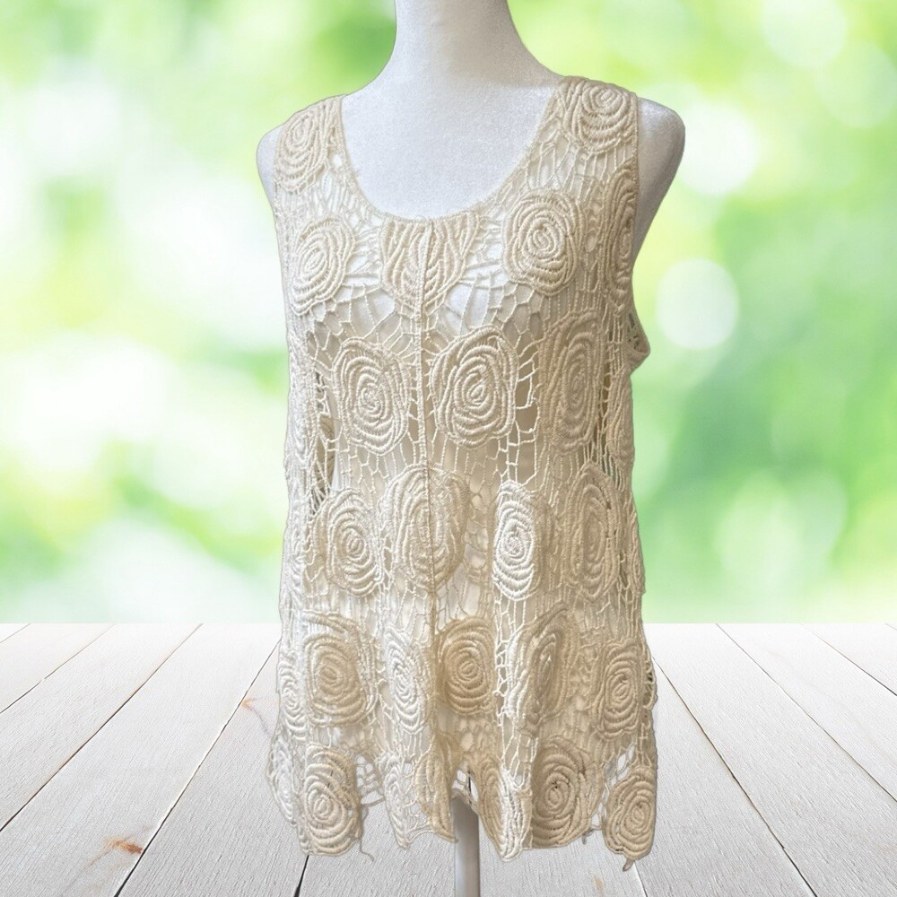 INDIA BOUTIQUE Crochet Tank Top  Ivory Roses Cotton Sheer Festival Womens S M